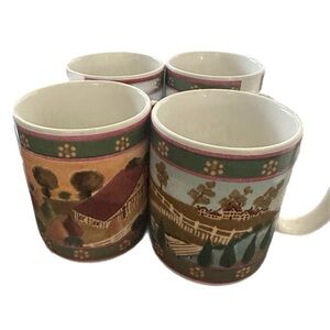 Block pattern country village Landscape Mug Set - Brown and Green